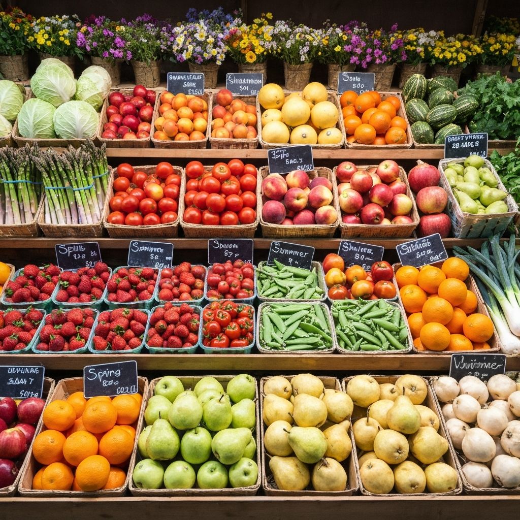 Seasonal fruits and vegetables from different seasons